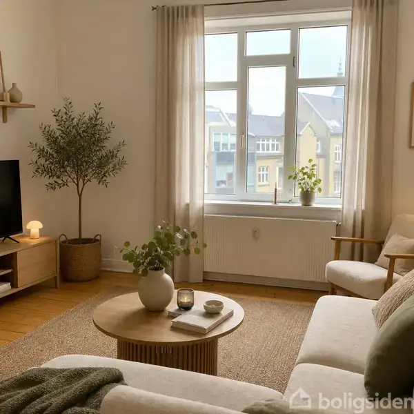 Stue med sofa og sofabord, dekoreret med planter og lamper. Et stort vindue med udsigt til bygninger, omgivet af neutrale vægge og træmøbler, skaber en lys og hyggelig atmosfære.