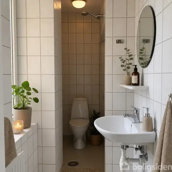 Badeværelse med hvidt flisebelagt væg, vask med spejl over, toilet i baggrunden. Der er en plante, et stearinlys og en brun flaske. Håndklæde hænger på væggen.