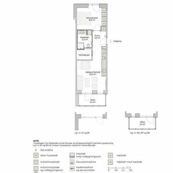 Plantegning viser en lejlighed med entré, køkken/alrum, teknikskab og badeværelse i midten. Opholdsrum er øverst. Under forklaring ses symboler: ovn, køleskab, induktionsplade, ovenskab, vaskemaskine og højskab.