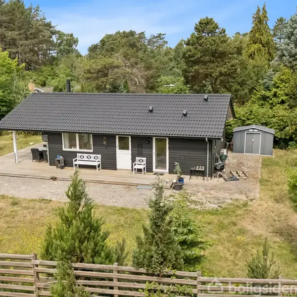 Et sort træhus står stille på en flisebelagt terrasse omgivet af tæt grøn vegetation. En lille metalskur ses bagved, og en trægærde omringer en del af området.