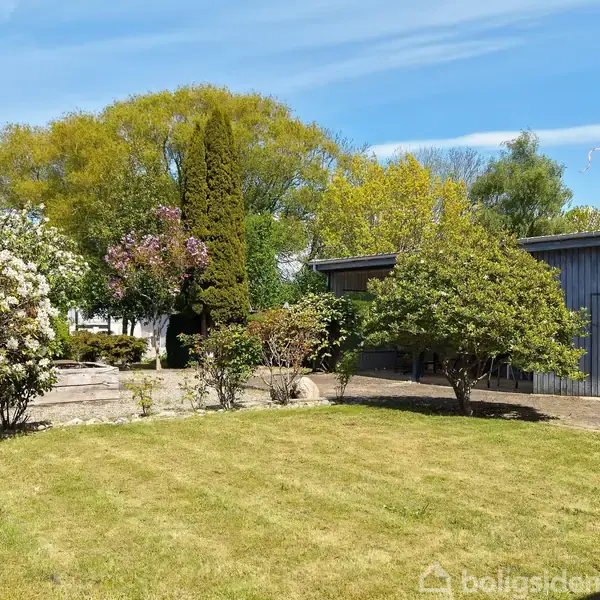 En velplejet have indeholder grønne buske og blomstrende træer, omgivet af en blå himmel. Til højre står en grå bygning med en sort dør. Græsset er nyklippet.