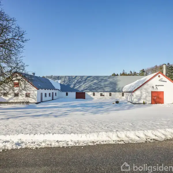 En traditionel gårdbygning med hvid facade og røde døre står i et sneklædt landskab. Tekst på bygningen siger "Stald Ålholm". En bred vej strækker sig foran gården.