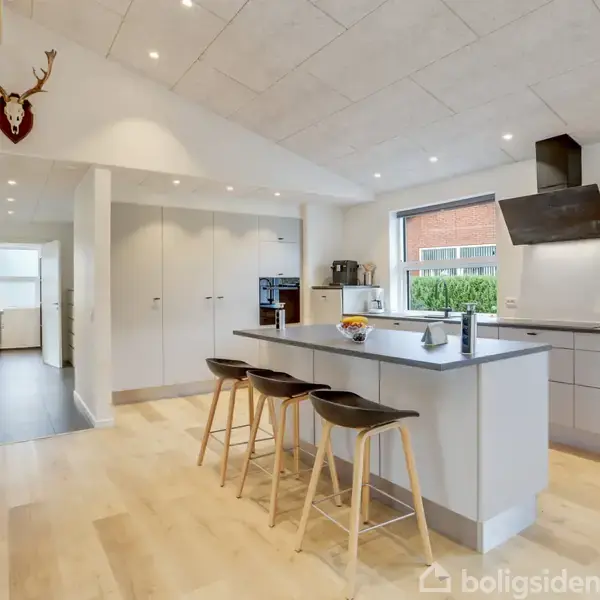 Et moderne køkken med en stor ø-køkkenbord med tre barstole. Et hjortegevir hænger på væggen. Konteksten er et lyst rum med trægulv, hvide skabe og et stort vindue.