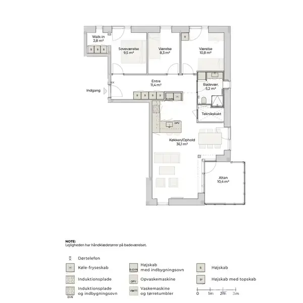 Grundplan for en lejlighed viser rum såsom stue, køkken/alrum, to værelser, badeværelse og altan. Inkluderer også en entré og vaskesøjle. Der er en note: "tegning kan variere fra slutleverancen på få boksevarer."