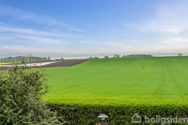 Grøn mark strækker sig under blå himmel med spredte skyer, omgivet af buske i forgrunden og en horisont af træer i baggrunden.