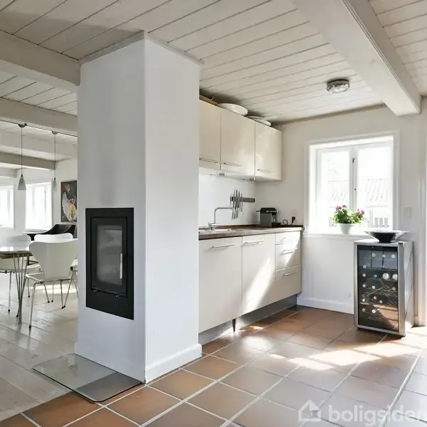 Pejs integreret i en hvid søjle opvarmer åbent køkken-alrum med lyse trægulve og moderne møbler, mens glasdør slipper naturligt lys ind fra terrasse med udsigt til have.