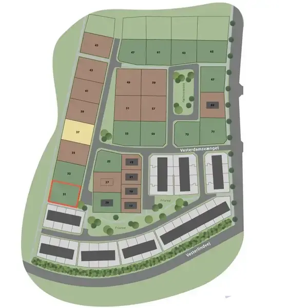 Grønt område med nummererede byggegrunde er placeret inden for et gadenetværk. Veje hedder "Vestermarken" og "Vestdanmarksvænget". Områderne er farvet i forskellige nuancer af brun, grøn og gul.
