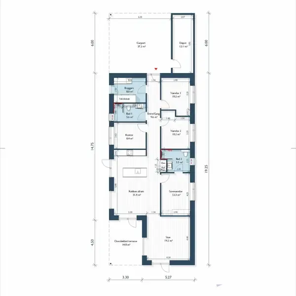Plantegning viser en bolig med ruminddeling. Kontor, bryggers, værelser, stuer og badeværelser er markeret med kvadratmeter. Tekst: "Kontor 8 m²", "Bryggers 8.6 m²", "Værelse 1 10.2 m²", "Soveværelse 12.2 m²", "Stue 19.2 m²".