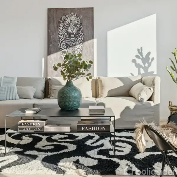 Sofa i lysegrå står ved siden af et sofabord med bøger markeret "FASHION." En stor vase med planter står på bordet, omgivet af neutrale puder og dekoreret tæppe i en lys stue.