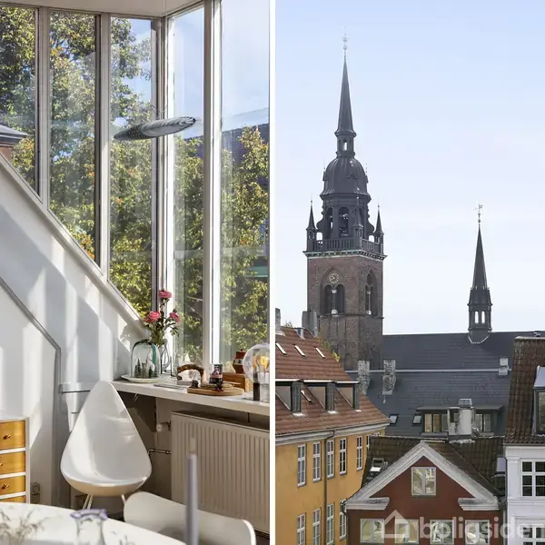 Interiør i en lys stue med skråvinduer, en stol og et skrivebord; eksteriør med udsigt over byens tage og kirketårne i baggrunden.