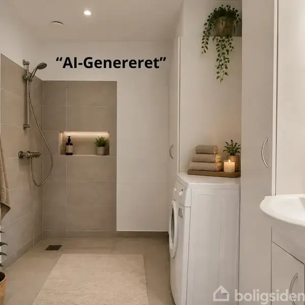 Badeværelse med brusebad til venstre, vaskemaskine og håndklæder i midten, og vask med spejl til højre. Indretning med planter og hyggelig belysning. Tekst: "AI-Genereret".