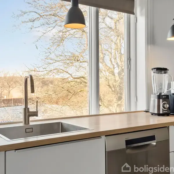 Køkkenvask med vandhane, står på en træbordplade. Bagved er store vinduer med udsigt til natur; et træ og vand ses udenfor. Blendere og kaffemaskine står ved siden af.