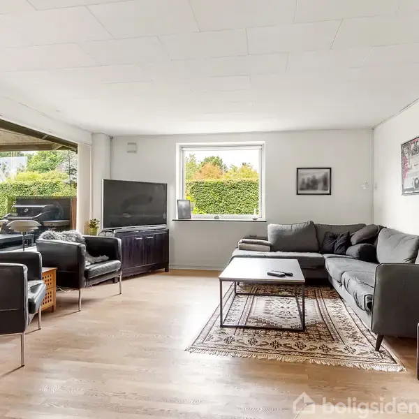 Stue med grå hjørnesofa omkring et rektangulært sofabord på et mønstret tæppe. Fjernsyn på skænk ved vindue med udsigt til en have. Brændeovn til højre.