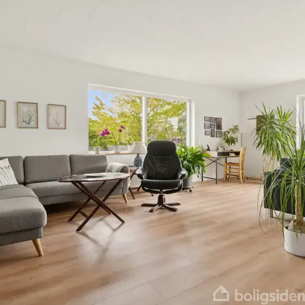 Stue med grå sofa, sort lænestol, og træbord på lyst trægulv. Store vinduer giver udsigt til grønne træer. Planter og kunstværker dekorerer rummets lyse vægge.
