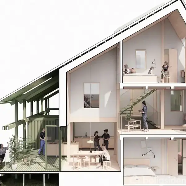 Et moderne, slankt hus i gennemskåret perspektiv viser forskellige etager og rum. Mennesker udfører daglige aktiviteter i stueetagen, køkkenet og på trapper. Grønne omgivelser ses udenfor.