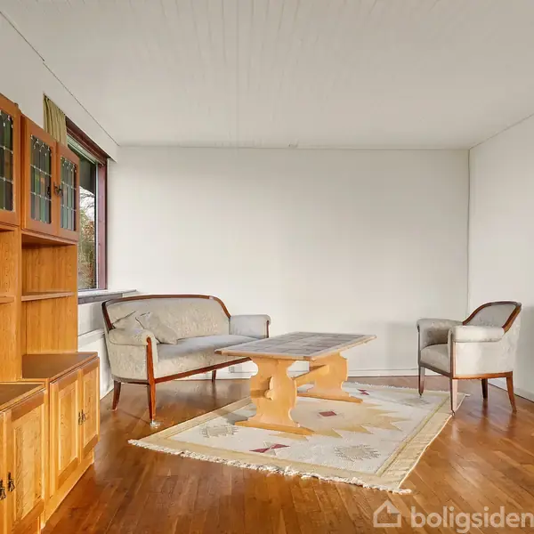 Reol i træ står langs en hvid væg, mens en sofa og en lænestol omkranser et sofabord med tæppe i stue med trægulv.