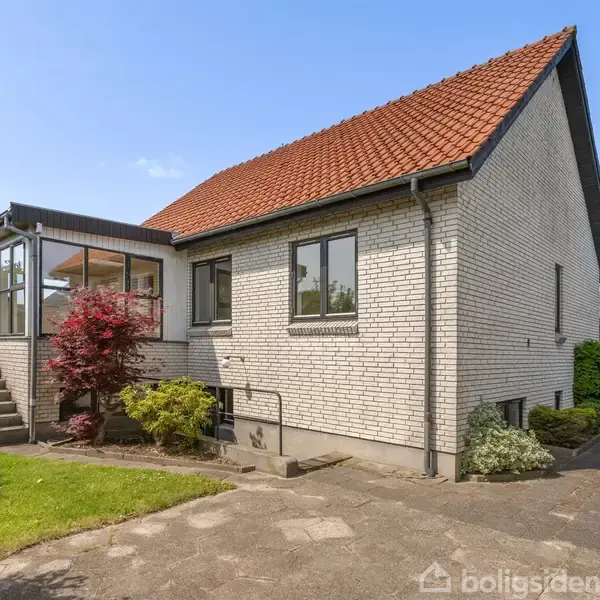 En frodig have med tæt beplantning, hvor træer og buske omgiver en brolagt sti, under en klar blå himmel.