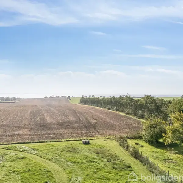 En grøn græsplæne med en snoet sti leder til opdyrkede marker. Træer grænser op til marken under en klar blå himmel.