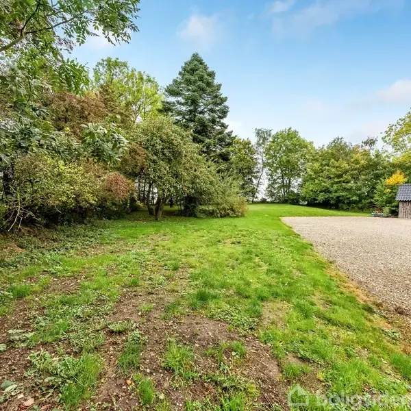 En grusvej løber ved siden af en græsplæne omgivet af træer; i baggrunden står en lille bygning med et skifertag under en klar blå himmel.