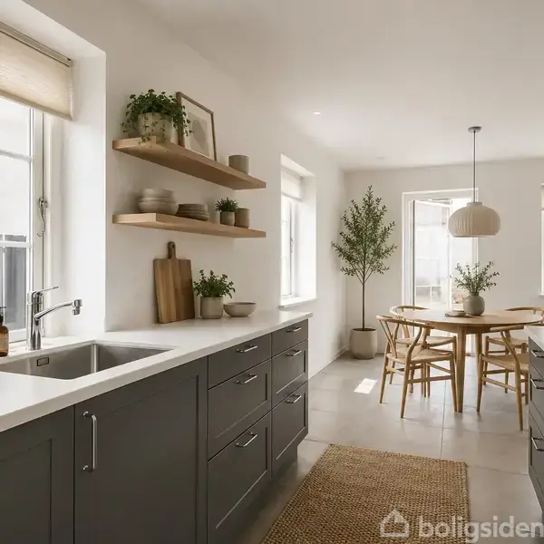 Et moderne køkken med grå skabe og hvide bordplader; står stille og velorganiseret. Et spisebord med træstole ses i baggrunden, omgivet af planter i lyse omgivelser.