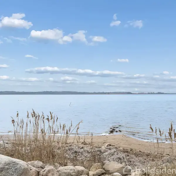 Sten ligger stille ved en strandbred, hvor siv vokser, mens en rolig sø strækker sig med en blå himmel og lette skyer i baggrunden.