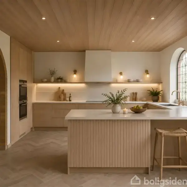 Et moderne køkken med en stor ø. To træbarstole står ved øen, omgivet af beige skabe og en bue til en stue. Lækre træ- og lysdetaljer præger rummet.