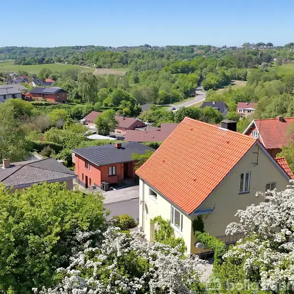 Hus med rødt tag står stille mellem blomstrende træer i en stille forstad. Omgivet af grønne bakker og flere huse under blå himmel.