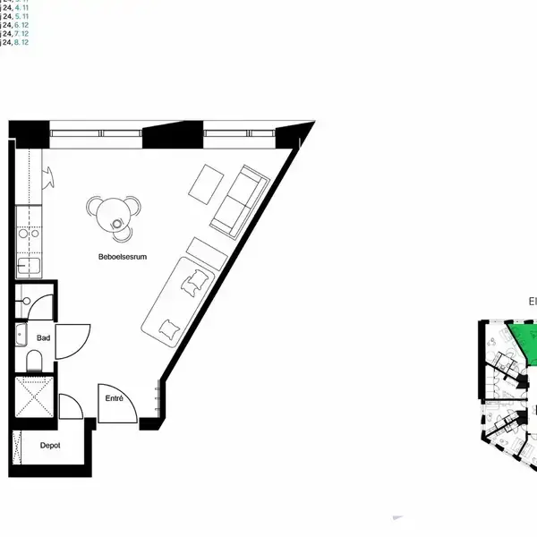 Plantegning viser en lejlighed med køkken, stue og badeværelse. Der er markeret et depot og entré. Tekst: "Elstarvej" med farvet oversigt over etageplanen. Flere etageangivelser til venstre.
