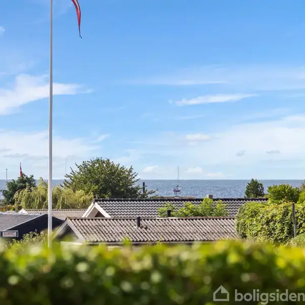 Flag stiger op fra en have og blafrer ved kysten, omgivet af grønt løv og hustage, havet i baggrunden med en klar blå himmel over.