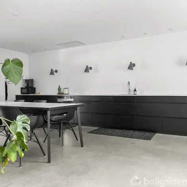 Køkken med sorte skabe og en vask. Et sort spisebord med stole står i midten, mens en stor grøn plante pryder hjørnet. Hvide vægge og enkle lamper omkranser rummet.