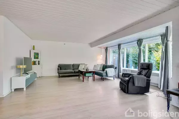 Stue med lyse trægulve og hvidmalet loft. En grå sofa og sort lænestol er placeret ved vinduer med udsigt til grønne træer. En lampe står på et hvidt tv-bord.