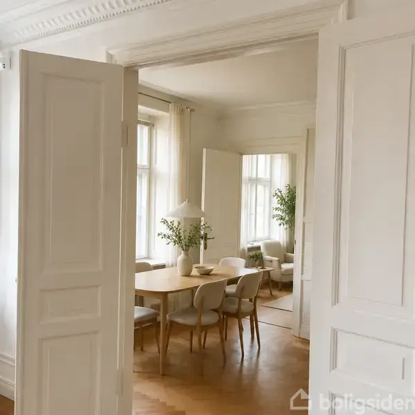 Et spisebord med stole står i et lyst rum, omgivet af vinduer med gardiner. En plante er synlig i baggrunden, og en lampe hænger over bordet.