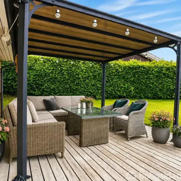Terrasse med havemøbler står under en pergola. Møblerne inkluderer en sofa og stole omkring et glasbord. Omkring står blomsterkrukker. Haven i baggrunden er græsbeklædt med en hæk.