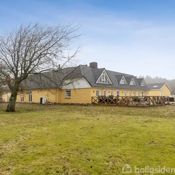Gult, langstrakt hus med sort tag og små kviste står på en grøn græsplæne med træer omkring. Skyfri blå himmel i baggrunden.