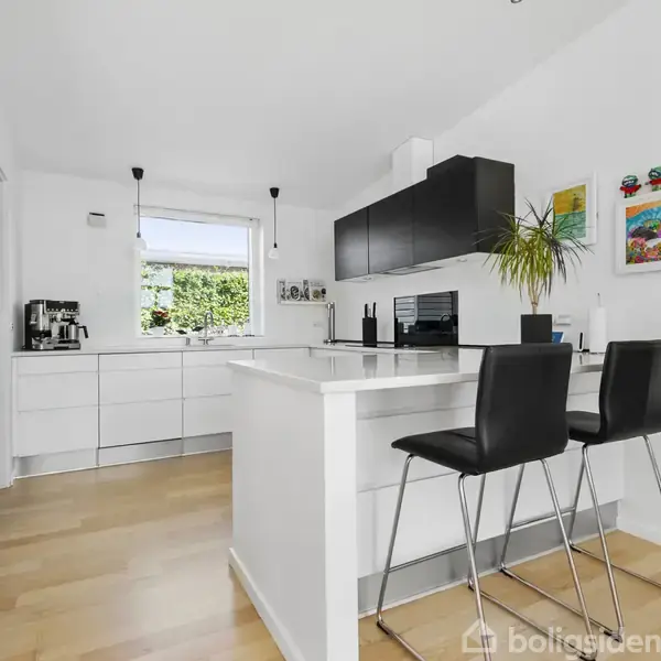 En moderne, hvidt køkken med en central bardisk, to sorte høje stole, grønne planter, og farverige billeder på væggen. Store vinduer lader naturligt lys strømme ind.