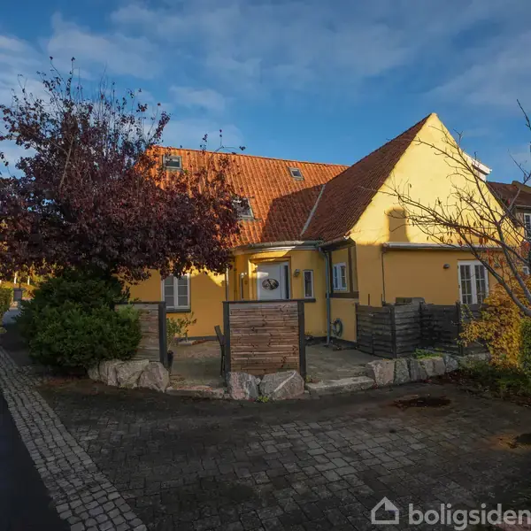 Gult hus med rødt tag placeret på en brostensbelagt vej. Træer med rødder uden blade omringer det, og klart blåt himmel baggrunden.