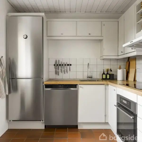 Et moderne køkken med et køleskab i rustfrit stål. Skabe og hylder omgiver ovnen og vasken, mens en knivmagnet holder knive på flisevæggen. Håndklæde hænger tæt på.