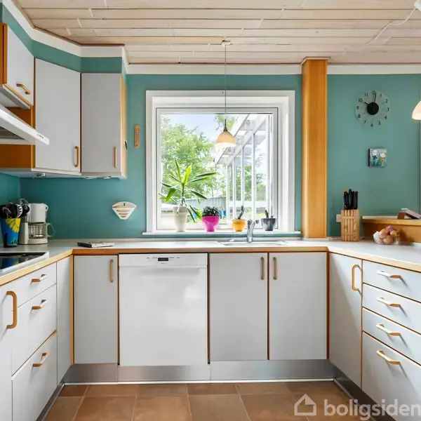 En moderne køkkenindretning med hvide skabe og lysebrune håndtag, komplet med en sort ovn. Vinduet bagved afslører udsigt til en have. Grønne vægge og loftslamper skaber hyggelig stemning.