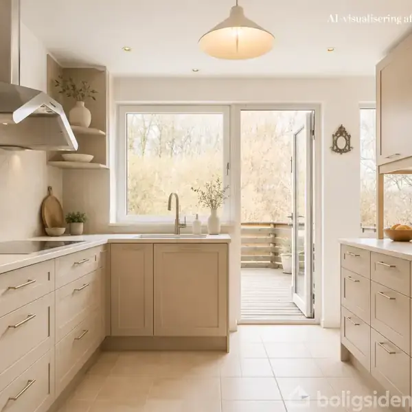 Et moderne køkken med lyse træskabe og metalapparater, står tomt og velordnet. En dør fører ud til en terrasse med skovudsigt. Øverst står der “Afventer vurdering af ændringsforslag”.