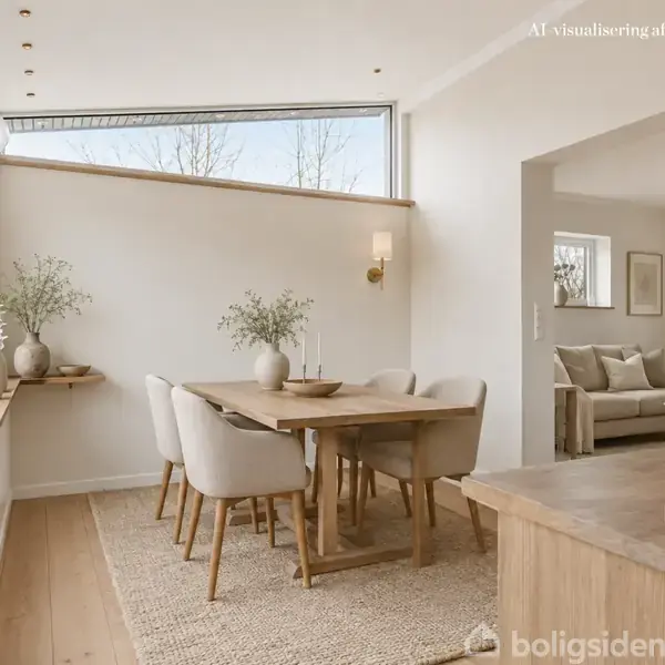 Spisebord med seks stole i lyst træ og stof står på tæppe. Planter og lysdekorationer pryder rummet, der har store vinduer og stue i baggrunden. Tekst: "AI-visualisering af indretningsforslag".
