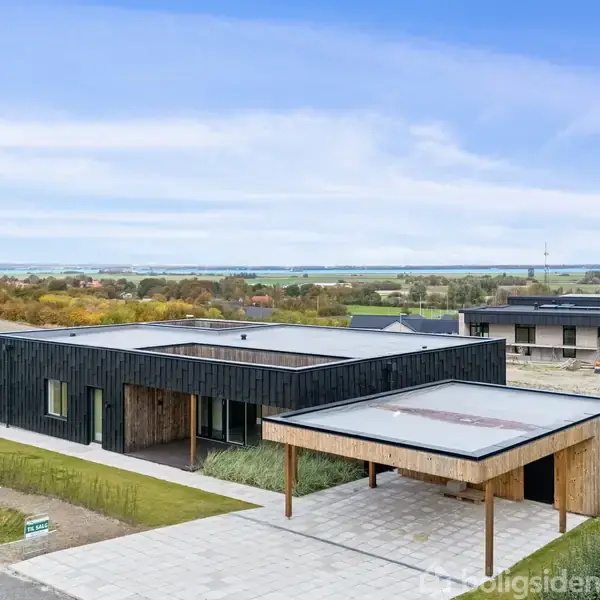 Et moderne, sort-hus med fladt tag står ved en lukket garage i forgrunden; omgivet af grønne marker og spredte huse i et landligt område under en blå himmel.