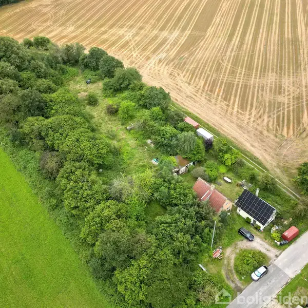 Hus med solcellepaneler ved siden af en skovgrænse, omgivet af marker og en vej. Flere køretøjer er parkeret tæt på huset.