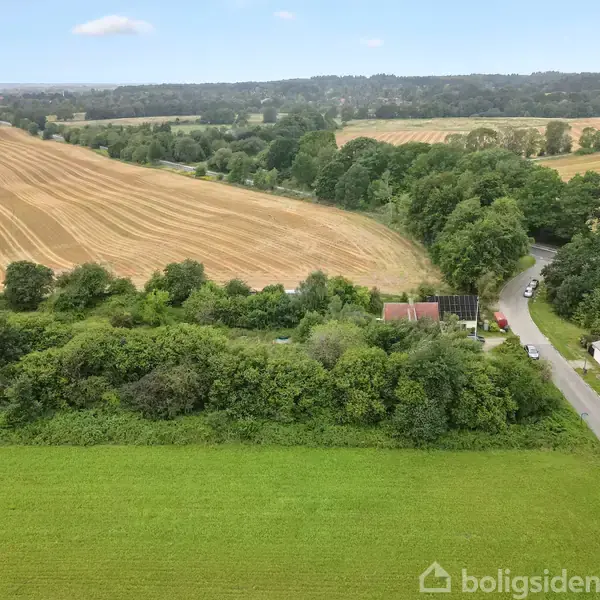 Landskab med grønne marker og høstede kornmarker, snoet vej med et par huse på højre side, omgivet af træer og skov. Skyer på en blå himmel.
