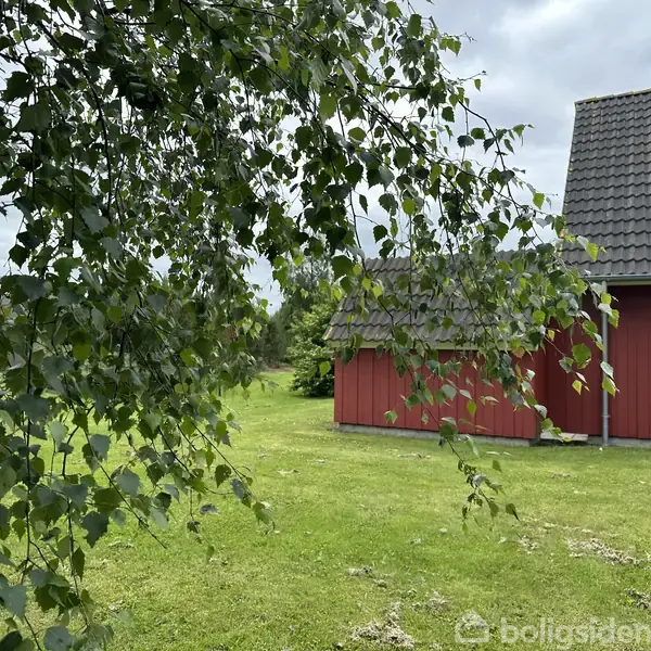 Et rødt hus står stille omgivet af en velplejet græsplæne, mens grønne trægrene hænger ned fra venstre side under en overskyet himmel.