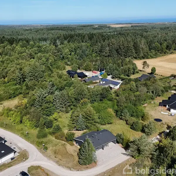 En samling af huse ligger spredt mellem træer og grusveje. Skoven og åbne marker omgiver området, der strækker sig mod horisonten med udsigt over et skovrigt landskab.
