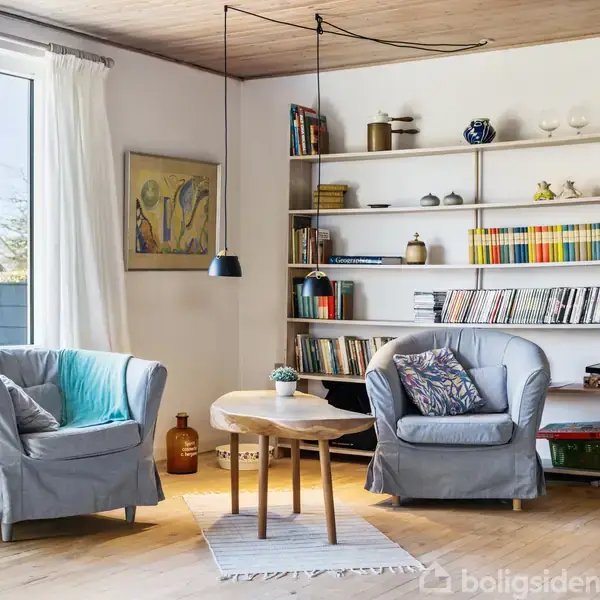 To komfortable, grå lænestole står omkring et lille træbord med planter. Høj bogreol med bøger og pyntegenstande i et lyst rum med stort vindue og kunst på væggen.