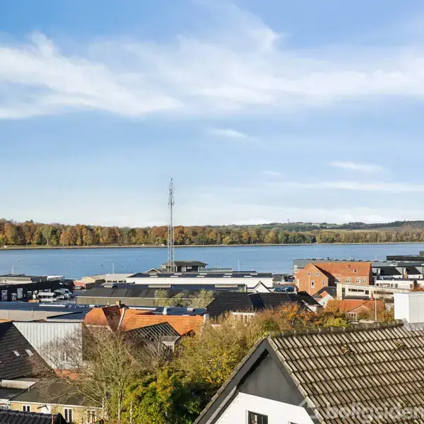 Rødt taghus til venstre, trætoppene foran, blå himmel. Baggrunden viser en sø og en skov. Bygninger og en mast er ved vandkanten, der skaber en idyllisk udsigt.