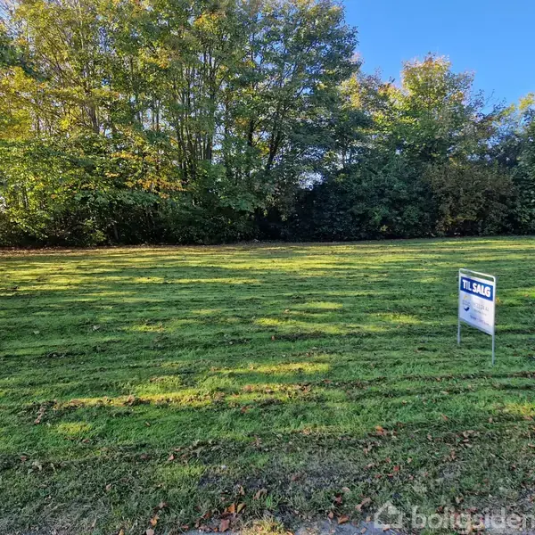 Et græsklædt område med et skilt, der viser "Til salg", placeret i midten. Skovbevoksning omkranser området. Skiltet indikerer, at grunden er tilgængelig for købsinteresserede.