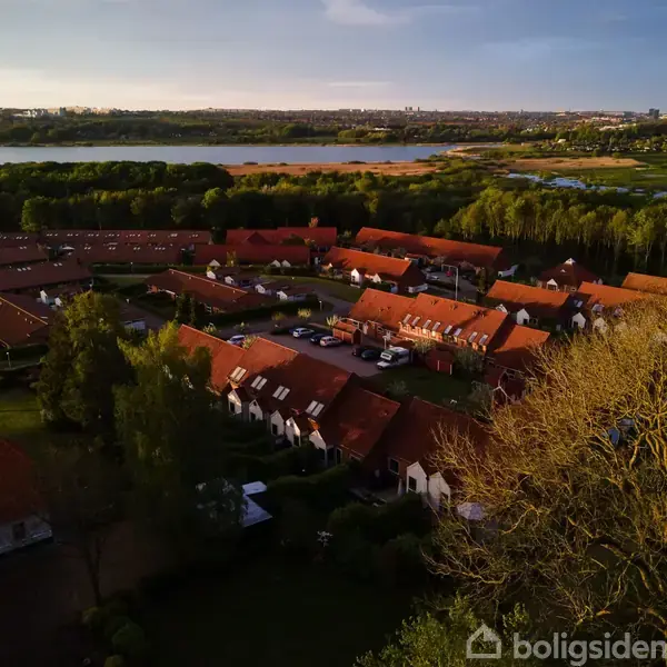 Rækkehuse med røde tage ligger stille i en skovklædt forstad med en sø i baggrunden. Sollys kaster en varm glød over landskabet.