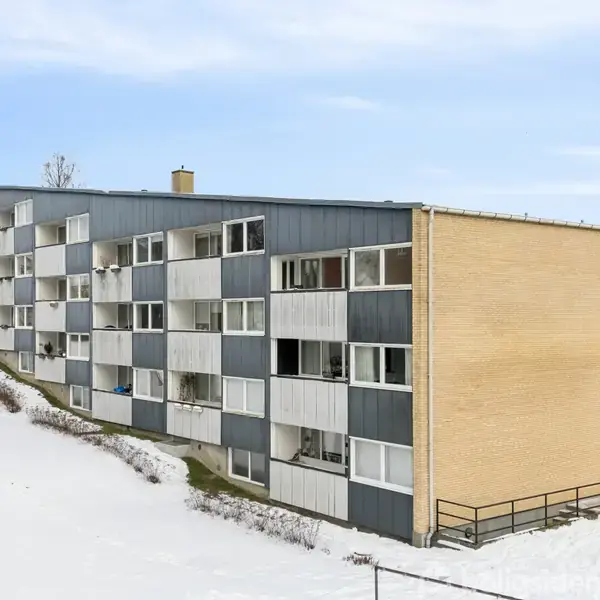 En fleretagers boligblok står på en snedækket bakke. Bygningen har en facade med mange vinduer i forskellige størrelser. Den lyse vinterhimmel danner baggrund. Ingen tekst til stede.